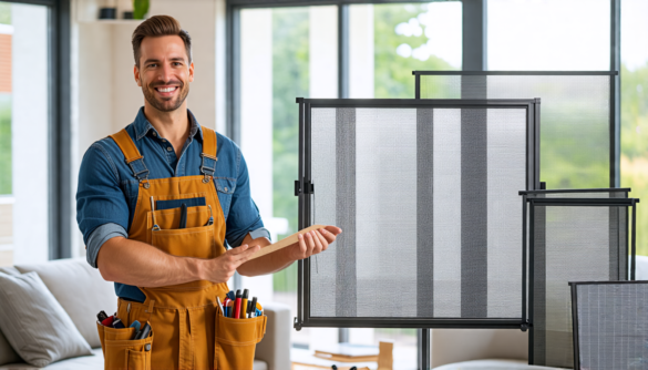 A friendly home improvement expert wearing overalls and a tool belt stands in front of a variety of window screens displayed on a stand. There are differen